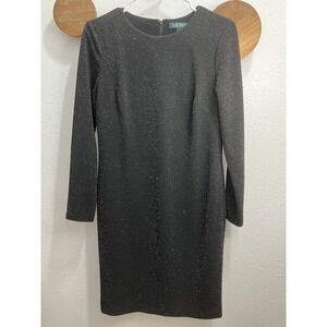 Lauren‎ Ralph Lauren 4 Black Long Sleeve Metallic Knit Knee Length Sheath Dress